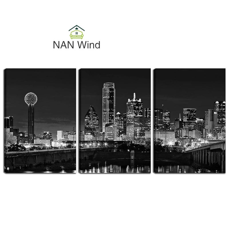 NAN Wind 3 Pcs Wall Art Dallas Skyline Black & White Canvas Art Paintings For Room Decor Dallas Cityscape Skyscrapers Night Scene Picture Prints On Canvas For Home Decor Modern Giclee Framed - Image 2